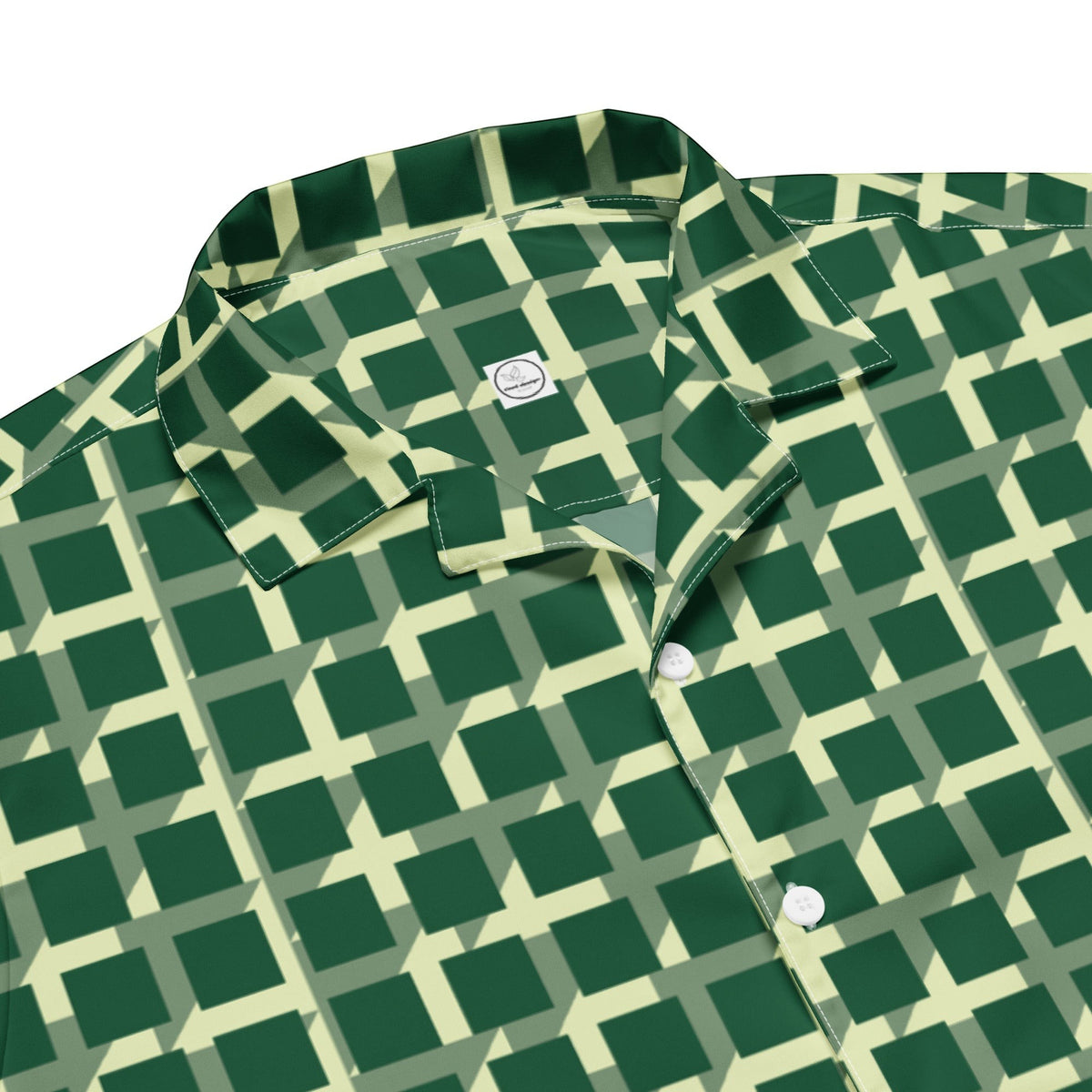 Good Wishes 365 men's short sleeve button shirt in green with a geometric checkered pattern and a classic collar.