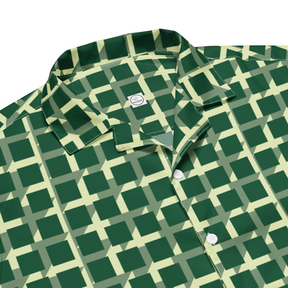 Good Wishes 365 men's short sleeve button shirt in green with a geometric checkered pattern and a classic collar.