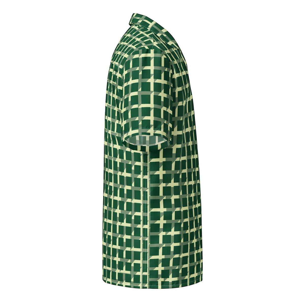 Good Wishes 365 men's short sleeve button shirt in green with a geometric checkered pattern, side view
