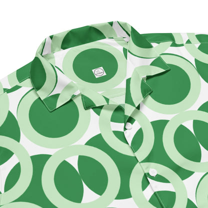 Good Wishes 365 unisex short sleeve button shirt featuring a green and white retro geometric circle pattern.