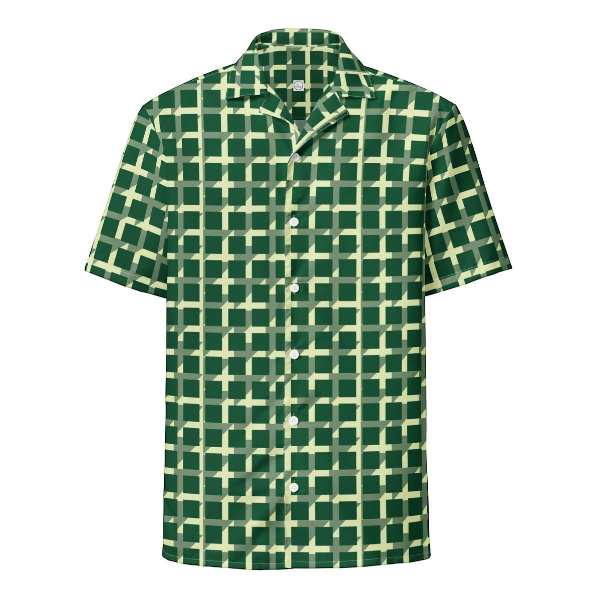 Good Wishes 365 men's green short sleeve button-down shirt featuring a geometric checkered pattern and camp collar.
