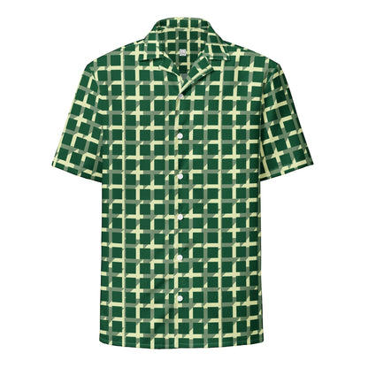 Good Wishes 365 men's green short sleeve button-down shirt featuring a geometric checkered pattern and camp collar.