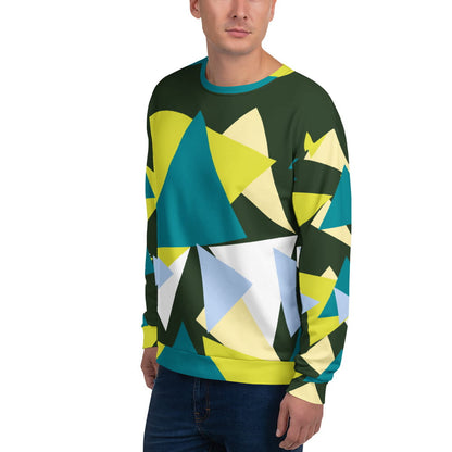 Good Wishes 365 myrtle green recycled sweatshirt with an all-over abstract geometric triangle print in lime and teal.