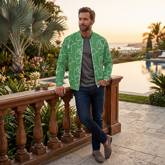 Good Wishes 365 green hibiscus print bomber jacket worn by a man standing on a balcony by a pool at sunset