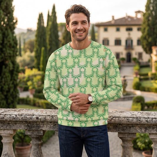 Good Wishes 365 unisex sweatshirt in snow flurry green with an all-over laurel leaf crown print worn by a man