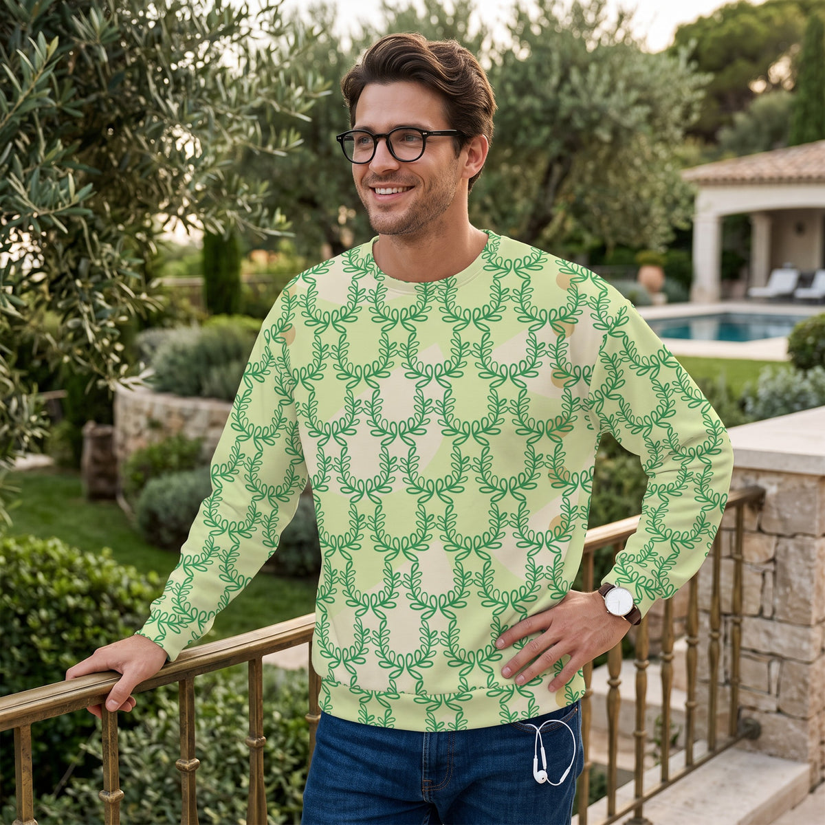 Good Wishes 365 unisex recycled sweatshirt in snow flurry green with an all-over laurel leaf crown print
