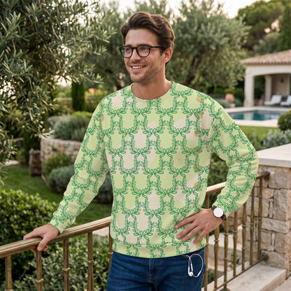 Good Wishes 365 unisex recycled sweatshirt in snow flurry green with an all-over laurel leaf crown print