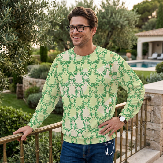 Good Wishes 365 unisex recycled sweatshirt in snow flurry green with an all-over laurel leaf crown print