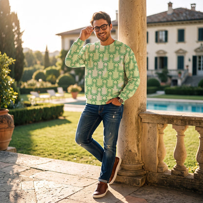 A man wearing a Good Wishes 365 recycled unisex sweatshirt in snow flurry green with a laurel leaf crown print.