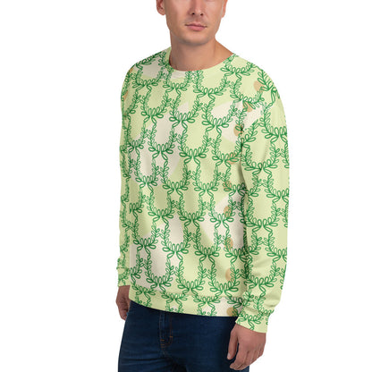 Good Wishes 365 unisex recycled sweatshirt in snow flurry green with an all-over laurel leaf crown print