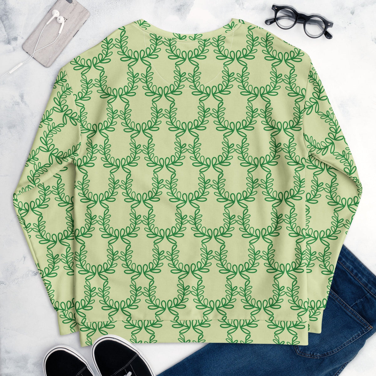 Good Wishes 365 unisex sweatshirt in snow flurry green with an all-over dark green laurel leaf crown print
