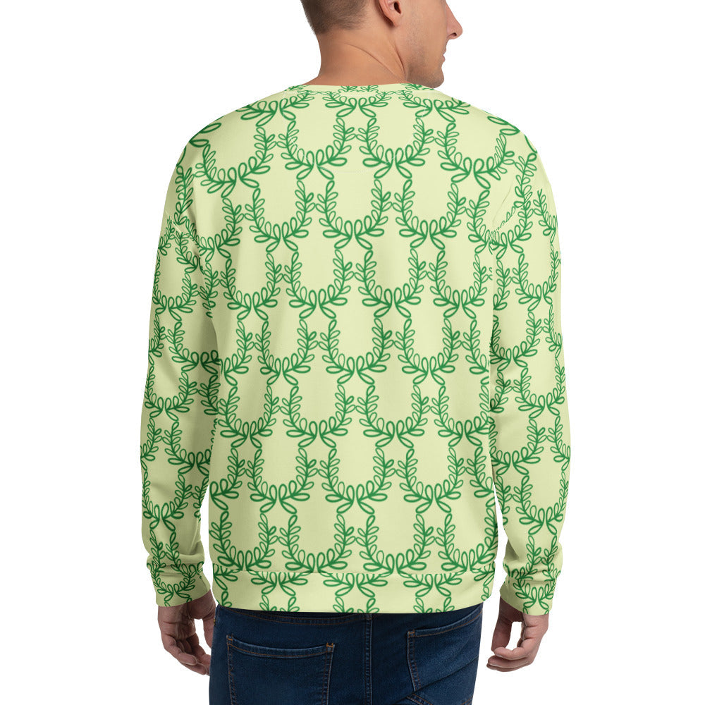 Good Wishes 365 unisex recycled sweatshirt in snow flurry green with an all-over laurel leaf crown print, back view.
