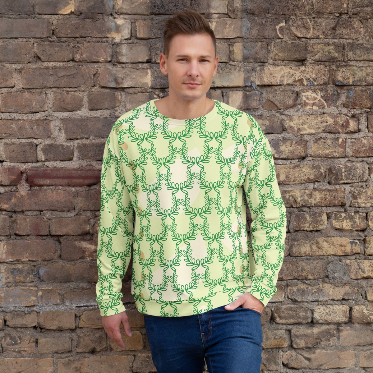 Good Wishes 365 unisex recycled sweatshirt in snow flurry green with a laurel leaf crown print worn by a man