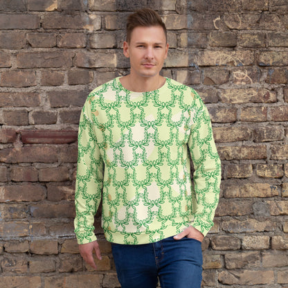 Good Wishes 365 unisex recycled sweatshirt in snow flurry green with a laurel leaf crown print worn by a man