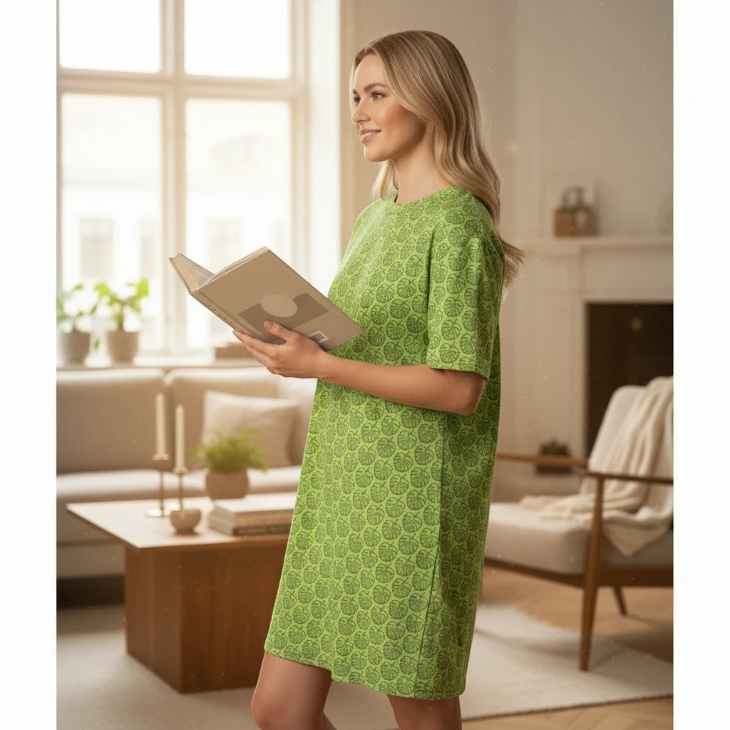 Good Wishes 365 green leaf print t-shirt dress with short sleeves and oversize fit, worn by a woman reading a book.