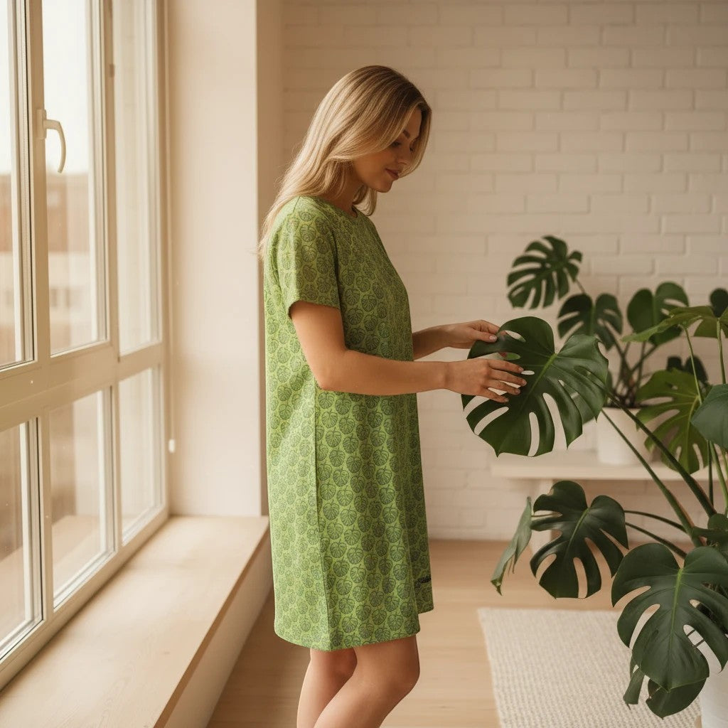 Good Wishes 365 green t-shirt dress with monstera leaf print, oversize fit, short sleeves, and dropped shoulders.