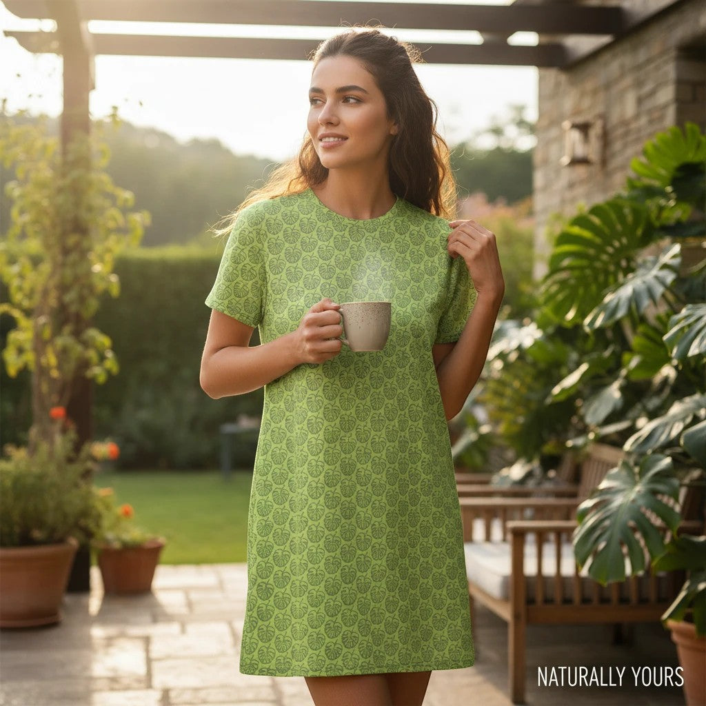 Good Wishes 365 green t-shirt dress with monstera leaf pattern, short sleeves, and relaxed fit, worn by a woman holding a mug.