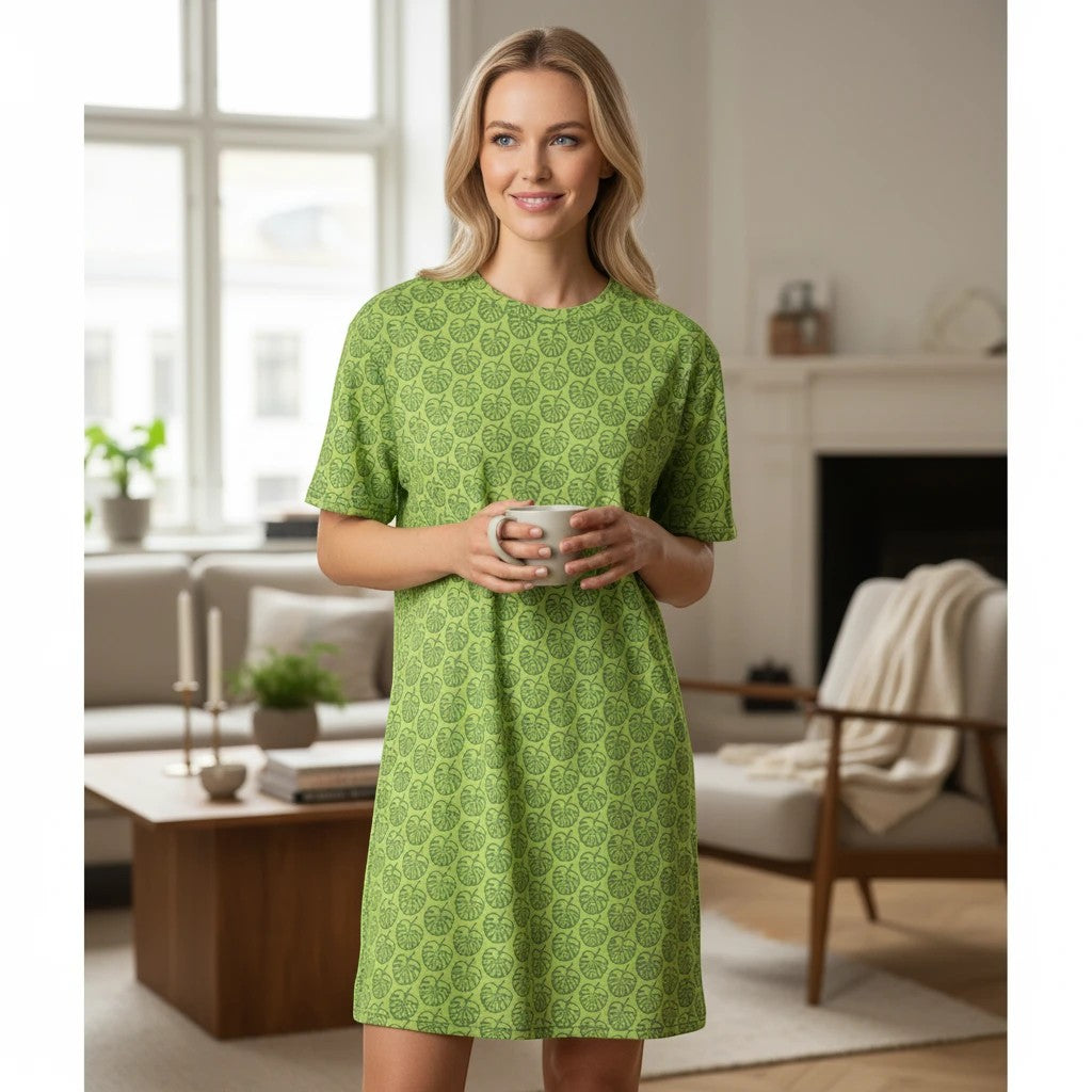 Good Wishes 365 green t-shirt dress with monstera leaf print, oversize fit, and crew neck.