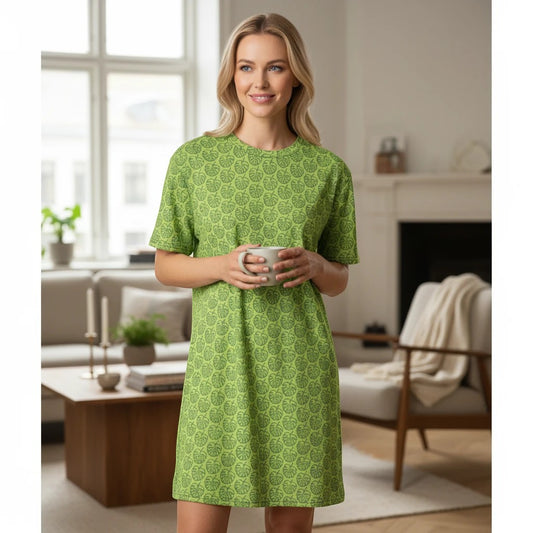 Good Wishes 365 green t-shirt dress with monstera leaf print, oversize fit, and crew neck.