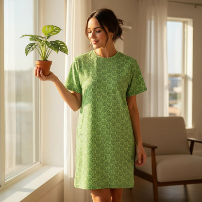 Good Wishes 365 green monstera print t-shirt dress with an oversized fit and dropped shoulders.