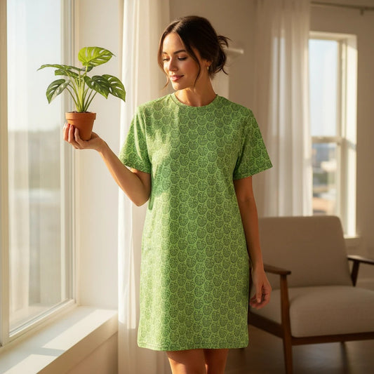Good Wishes 365 green monstera print t-shirt dress with an oversized fit and dropped shoulders.