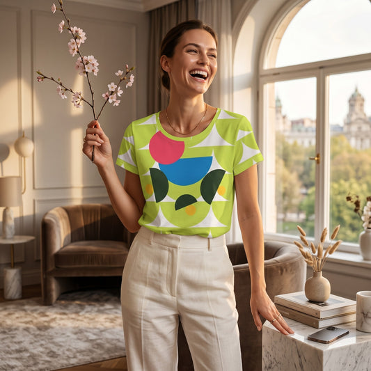 Good Wishes 365 green crop tee with mushroom-inspired geometric print worn by a smiling woman holding a flower branch