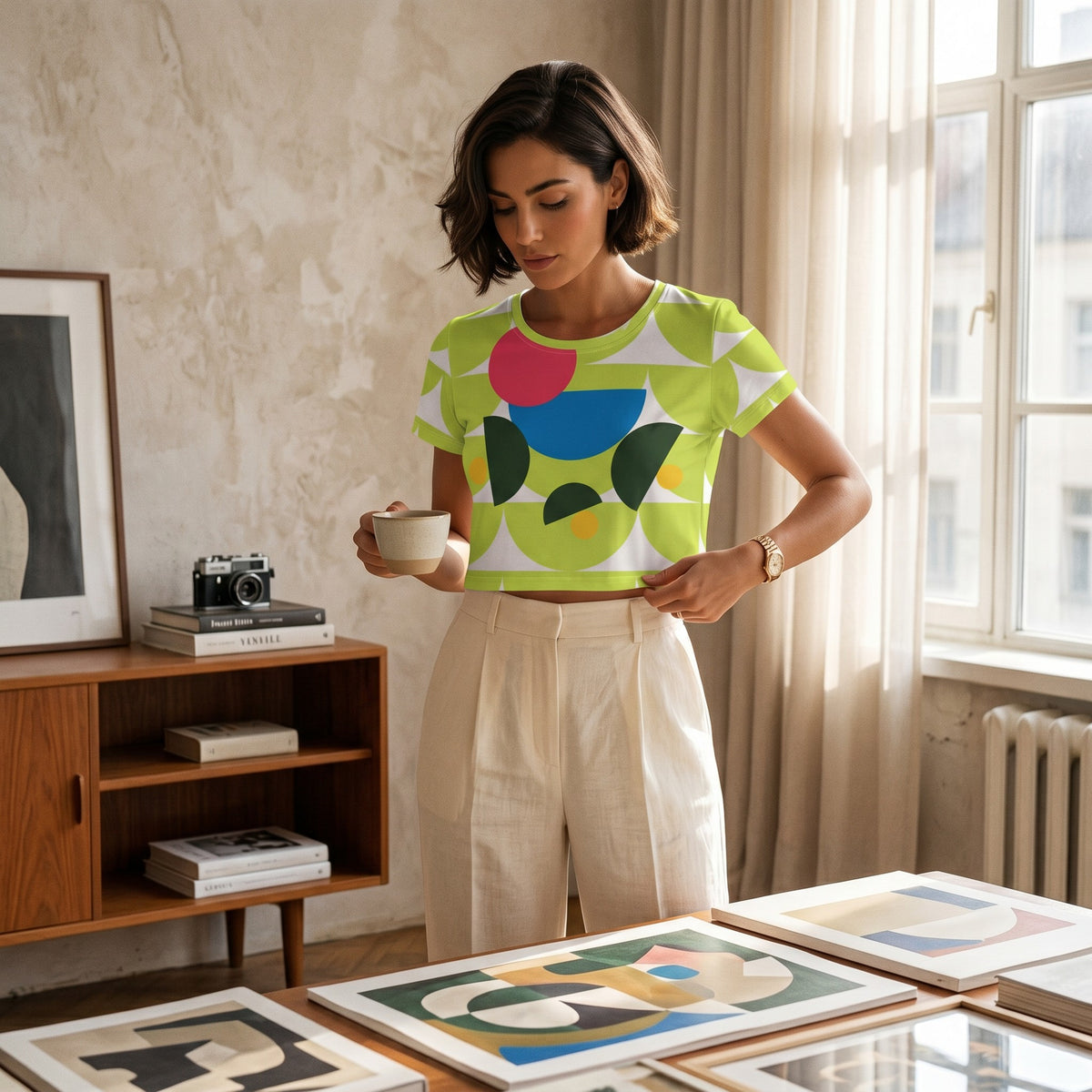 Good Wishes 365 green mushroom print crop tee worn by a woman holding a cup in a bright, modern studio setting.