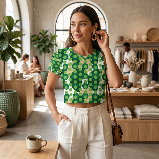 Good Wishes 365 crop tee with green and beige circular pattern, worn by a woman in a bright, modern boutique setting.
