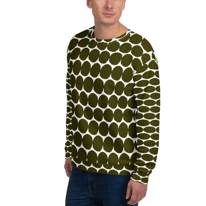 Good Wishes 365 unisex recycled sweatshirt in green and white with a bold all-over pebble dot print, crew neck style.