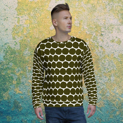 Good Wishes 365 unisex recycled sweatshirt in Karaka green with a bold white pebble dot print and crew neck.