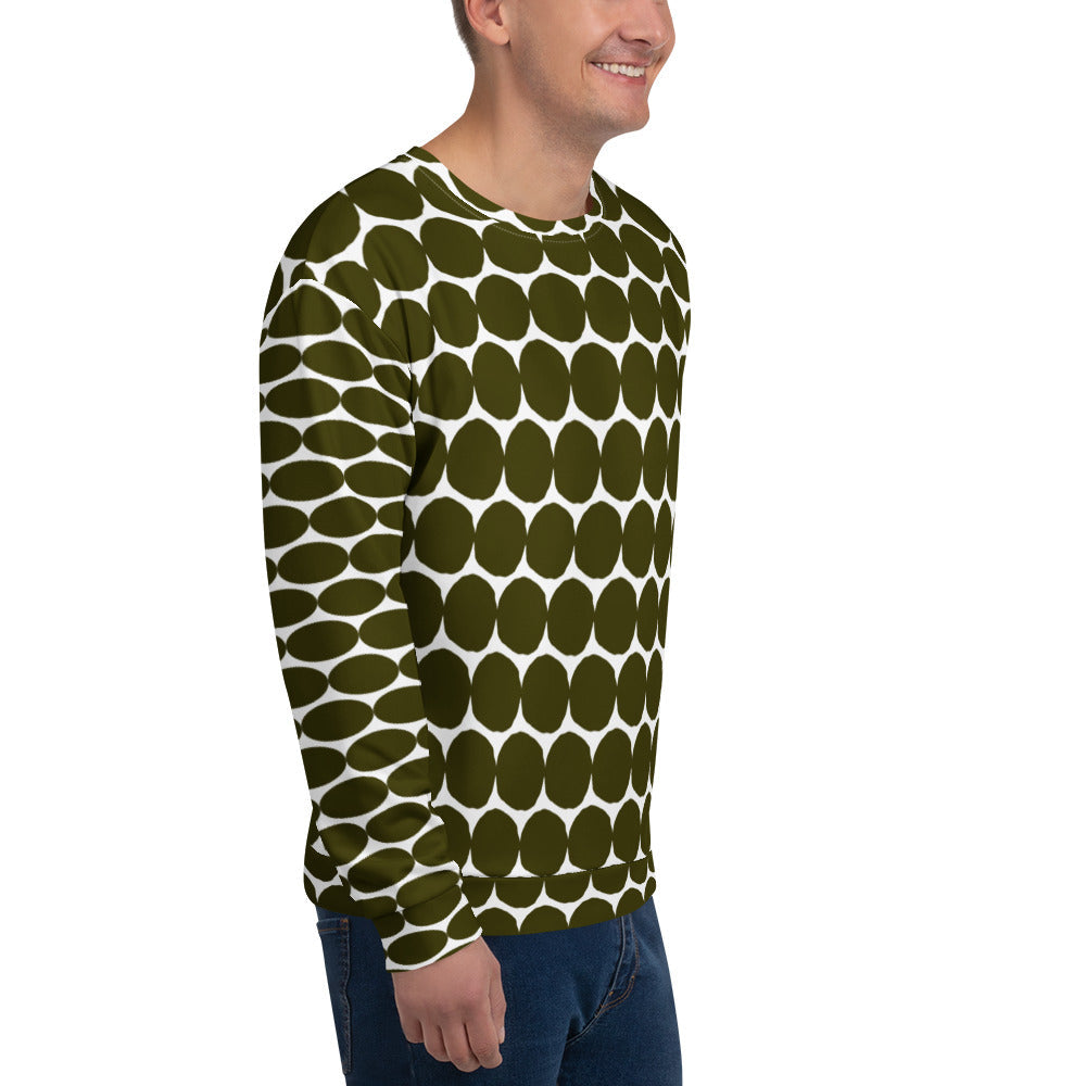 Good Wishes 365 unisex recycled sweatshirt in green and white with a bold pebble dot print, side view on a man.