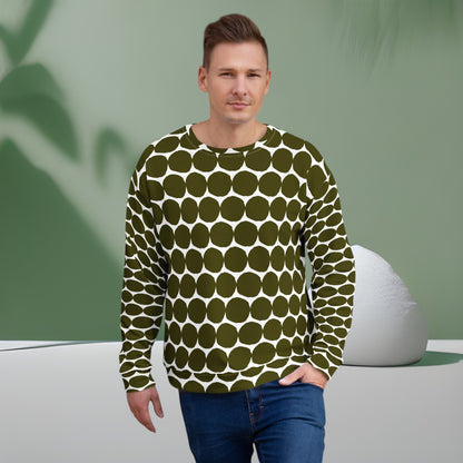 Good Wishes 365 unisex recycled sweatshirt in green and white with a bold all-over pebble dot print on a male model.