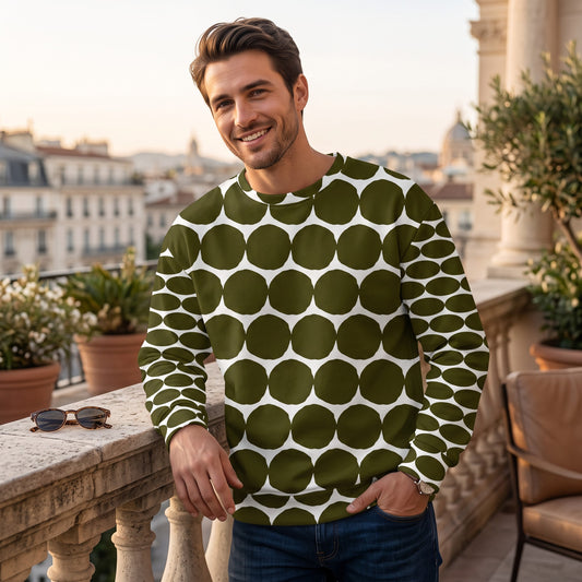 Good Wishes 365 unisex recycled sweatshirt in green and white pebble dot print worn by a man on a balcony