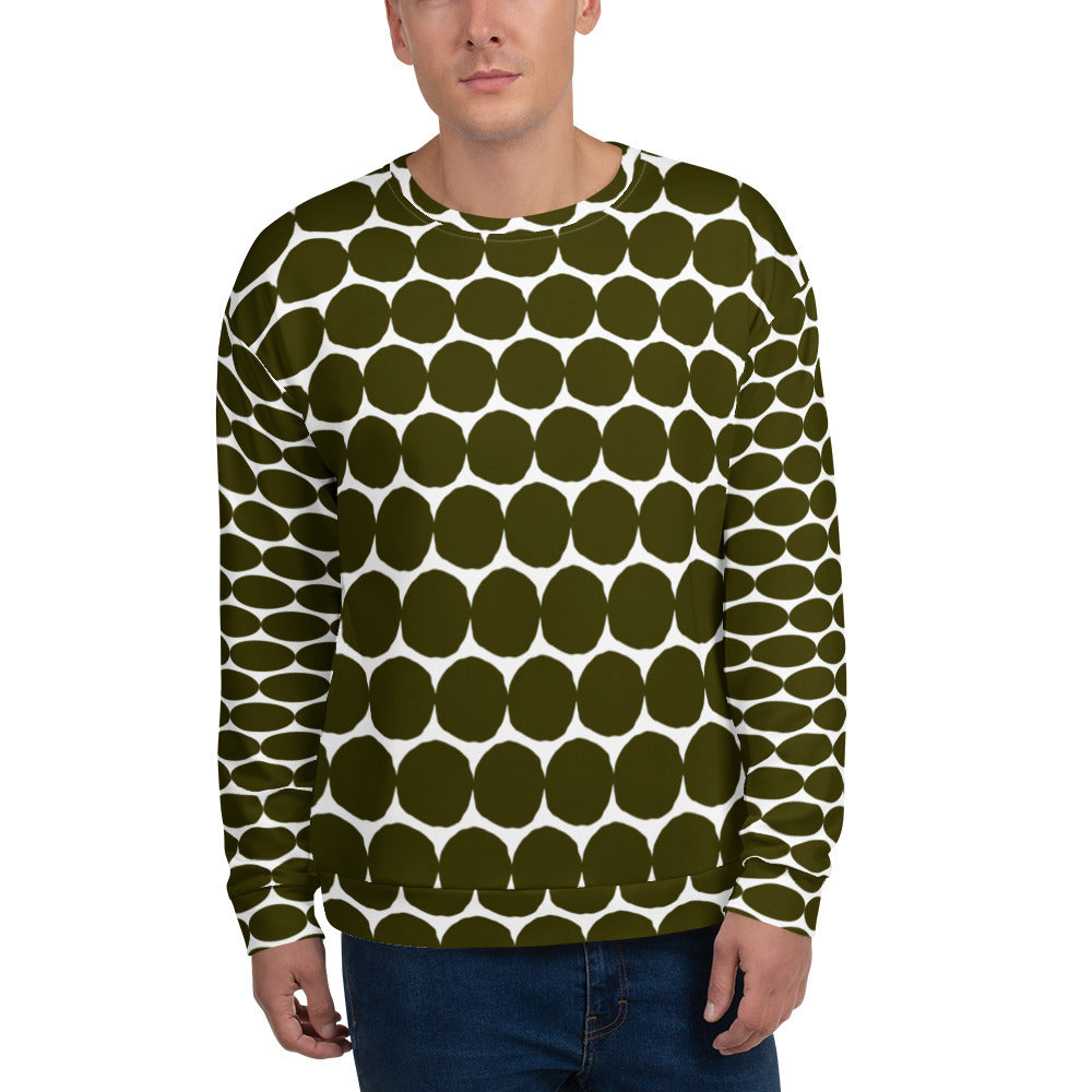 Good Wishes 365 unisex recycled sweatshirt in green and white with a bold all-over pebble dot print and crew neck.