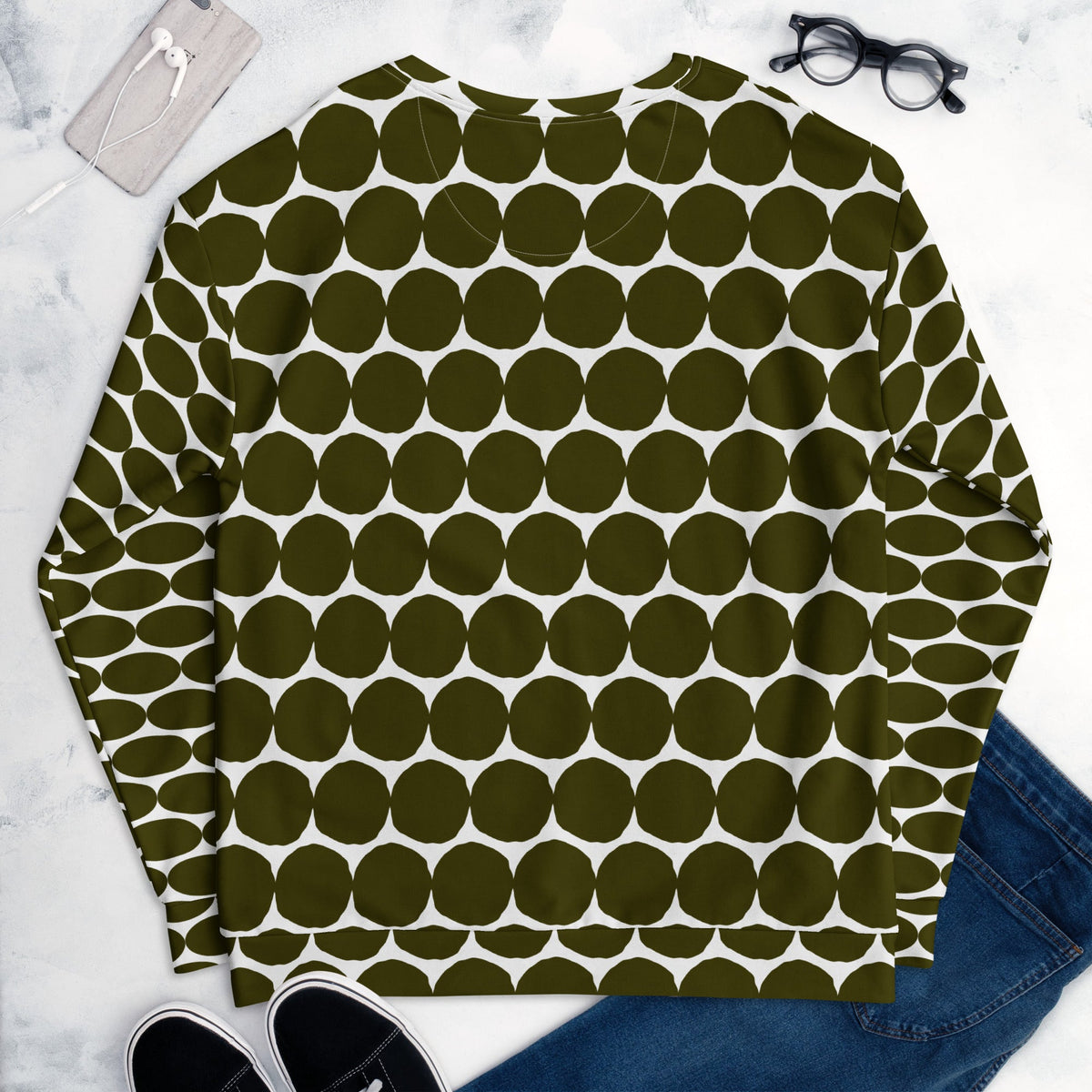 Good Wishes 365 recycled unisex sweatshirt in Karaka green with a bold white pebble dot all-over print