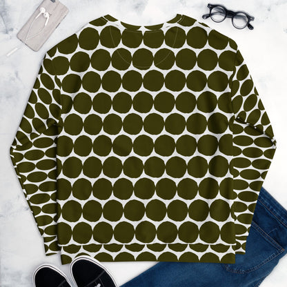 Good Wishes 365 recycled unisex sweatshirt in Karaka green with a bold white pebble dot all-over print