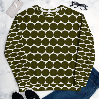 Good Wishes 365 unisex recycled sweatshirt in Karaka green and white with a bold all-over pebble dot print.