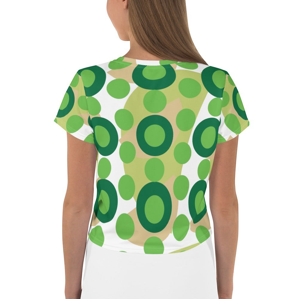 Good Wishes 365 retro mod kelly green polka dot crop tee with a vibrant circle pattern on soft stretch jersey fabric