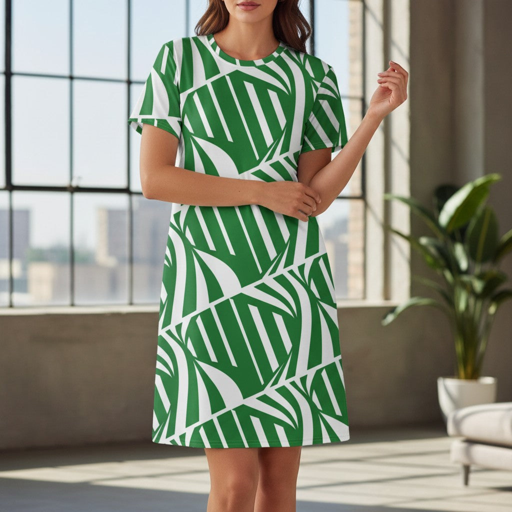 Good Wishes 365 green and white abstract print t-shirt dress made from polyester and spandex with an oversized fit.