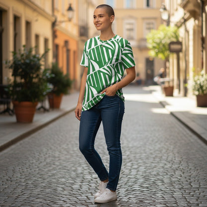 Good Wishes 365 green and white abstract print t-shirt dress made from polyester and spandex with an oversized fit.