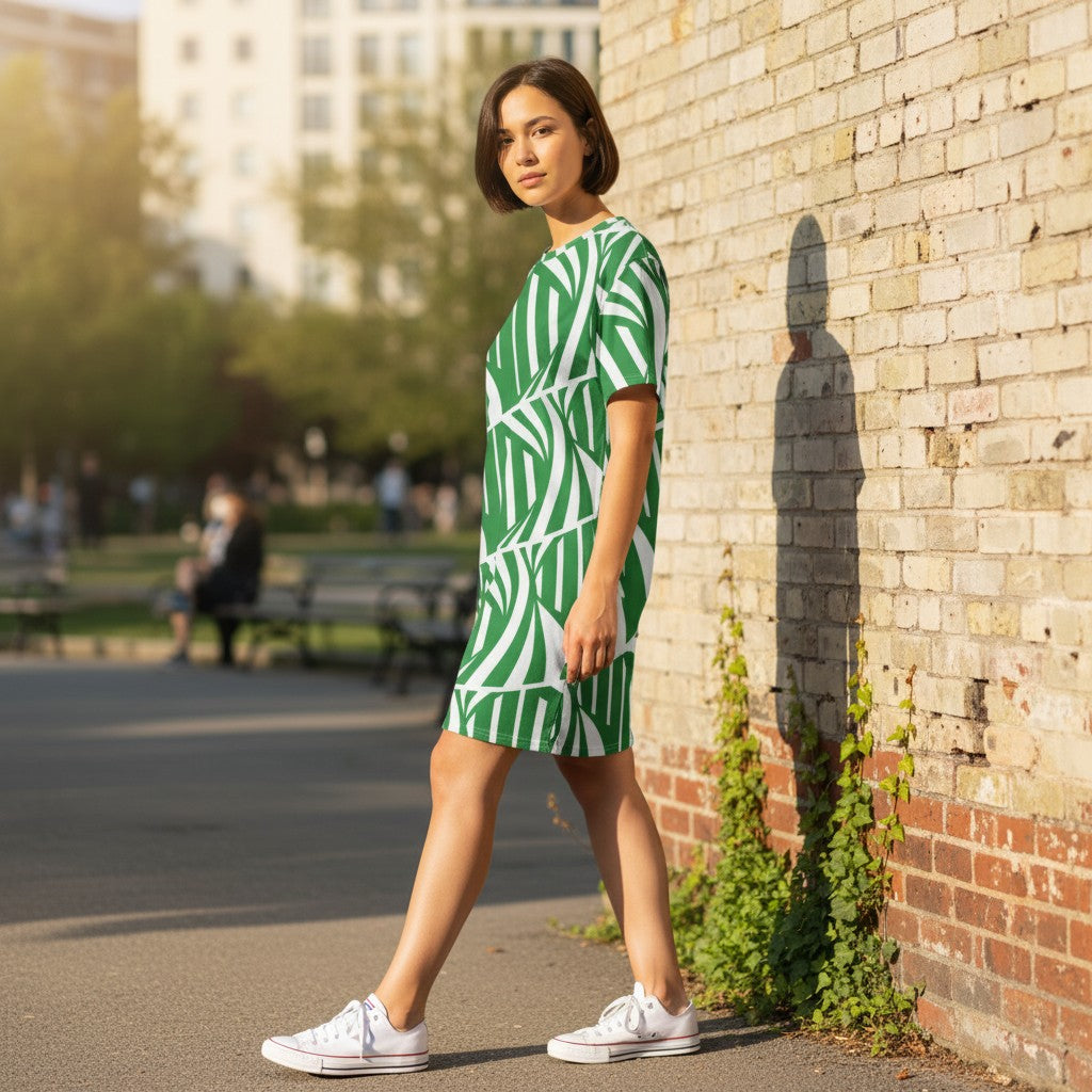 Good Wishes 365 green and white abstract print t-shirt dress with oversize fit and drop shoulder.