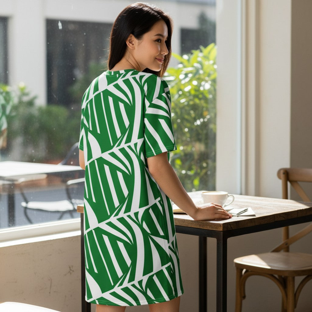 Good Wishes 365 green and white abstract leaf print t-shirt dress with oversize fit and drop shoulders.