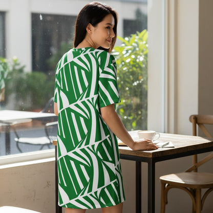Good Wishes 365 green and white abstract leaf print t-shirt dress with oversize fit and drop shoulders.