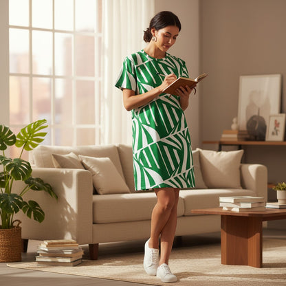 Good Wishes 365 green and white abstract print t-shirt dress made from polyester and spandex with an oversized fit.
