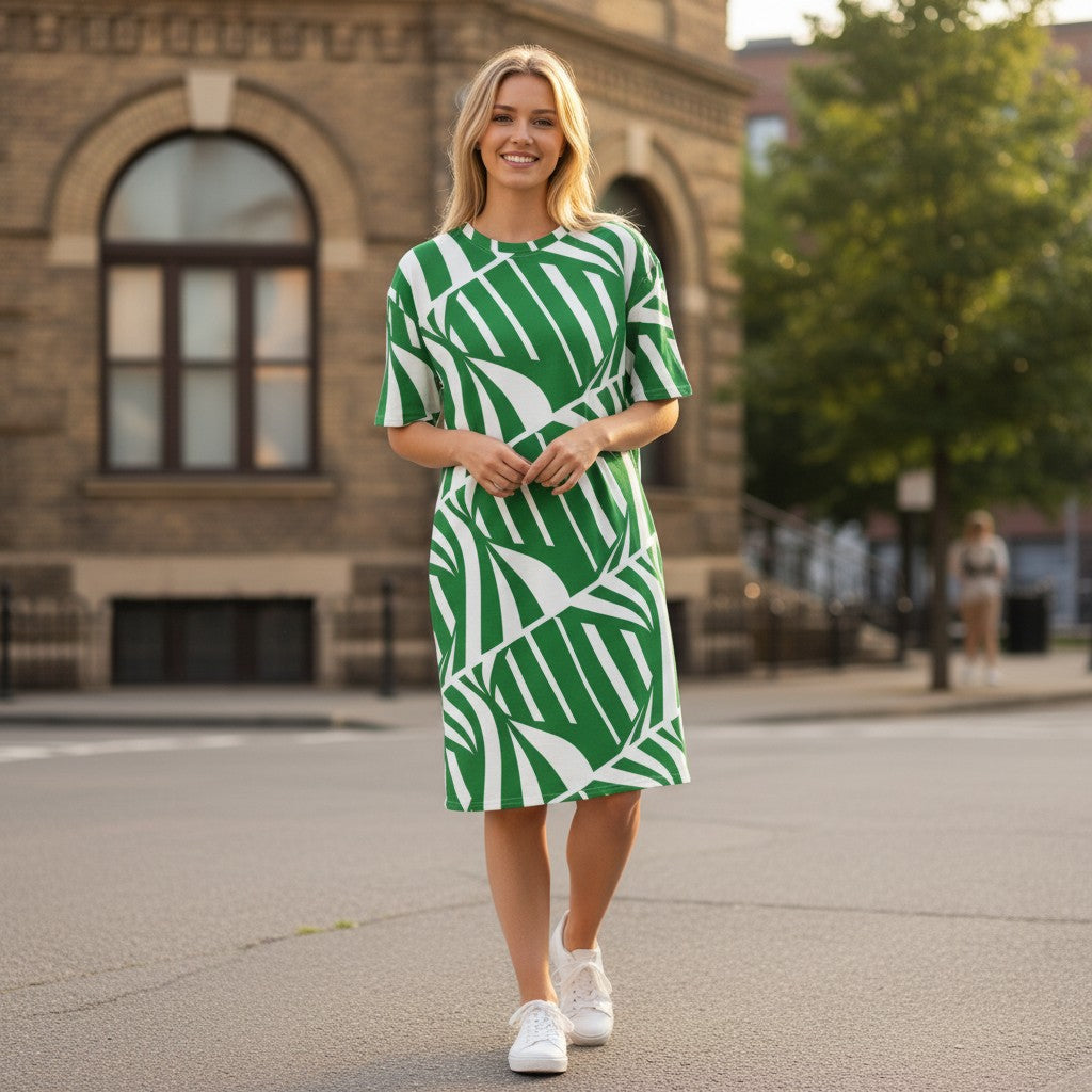 Good Wishes 365 green and white abstract print t-shirt dress with oversize fit and drop shoulder.