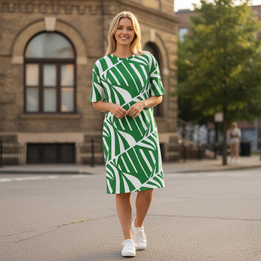 Good Wishes 365 green and white abstract print t-shirt dress with oversize fit and drop shoulder.