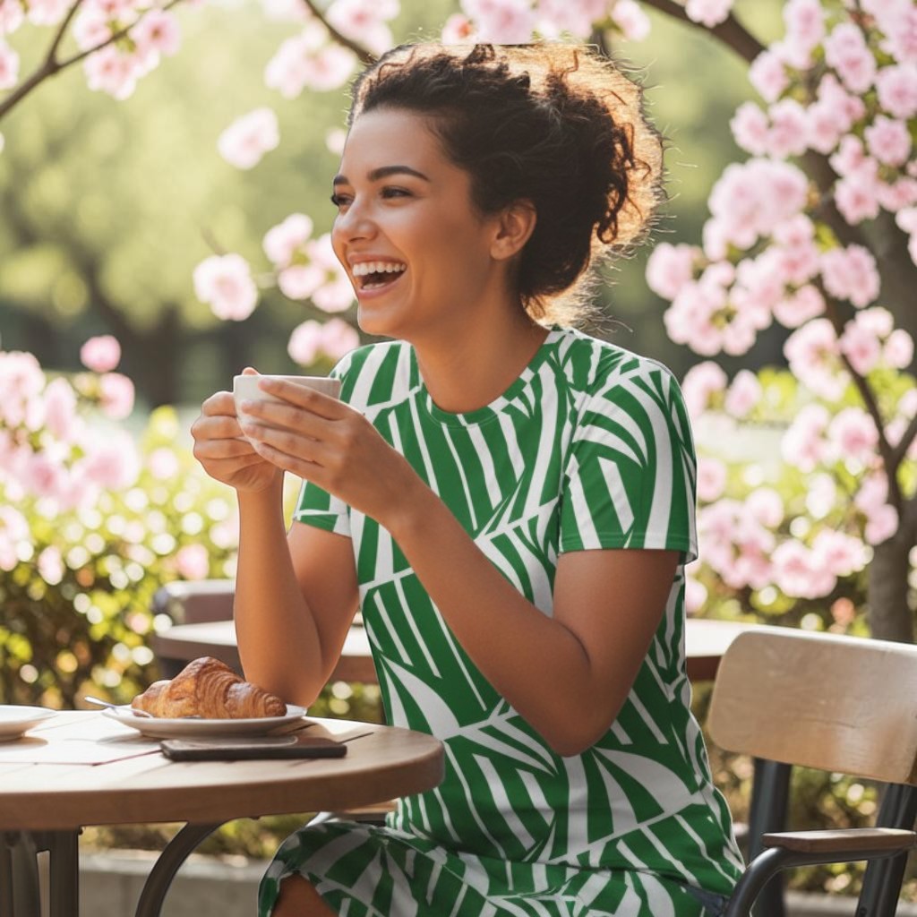 Good Wishes 365 green and white abstract print t-shirt dress made from polyester and spandex with an oversized fit.