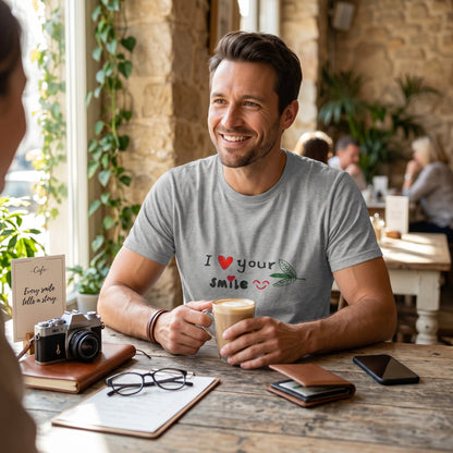 Good Wishes 365 grey cotton t-shirt with I Love Your Smile graphic worn by a smiling man in a cafe