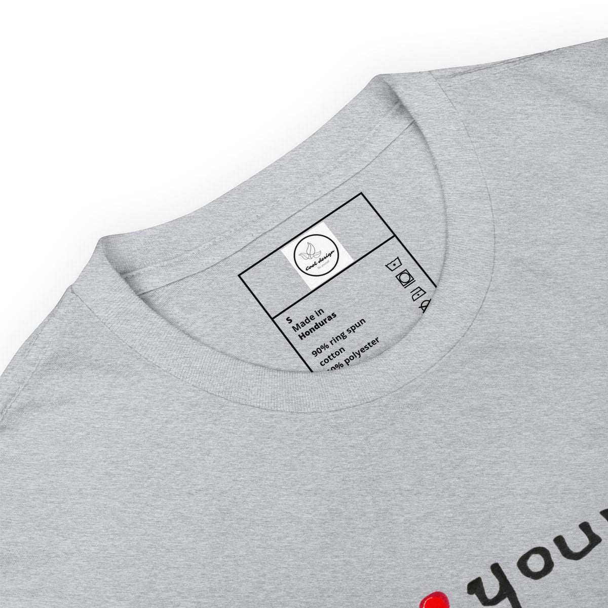Good Wishes 365 grey crewneck t-shirt featuring a printed inner neck label with fabric details and care instructions.