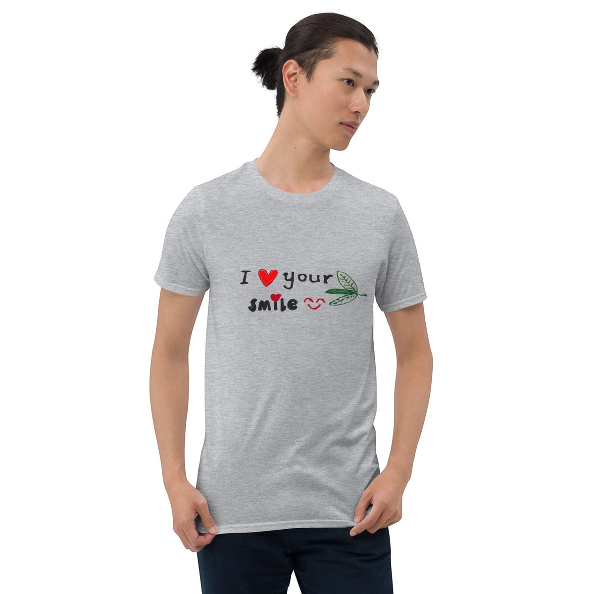 Good Wishes 365 unisex grey crewneck t-shirt with I Love Your Smile graphic print worn by a man